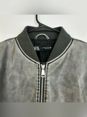 Zara Grey Zip Up Faux Leather Vegan Bomber Jacket Size Medium thumbnail 3