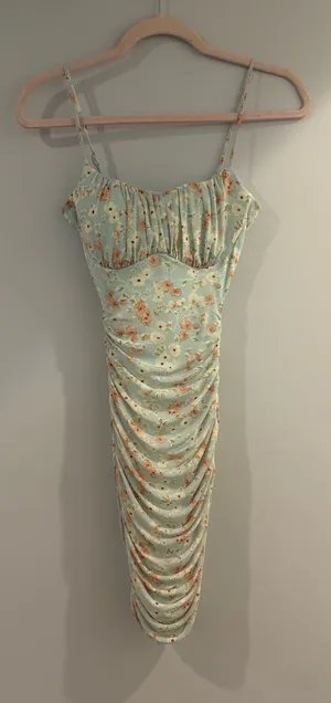 Windsor Mint Floral Ruched Spaghetti Strap Mini Dress thumbnail 1