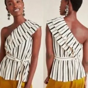 Anthropologie Cream and Black Striped Ruffle Blouse Women’s Small thumbnail 2