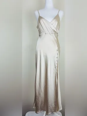 Zara champagne colored satin slip dress with side slit and button detail. Est S thumbnail 2