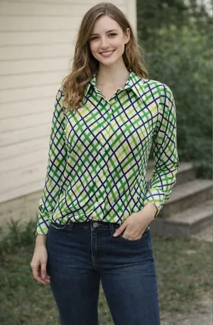 Vintage 70s Green Yellow Checkered Plaid Polyester Shirt thumbnail 1