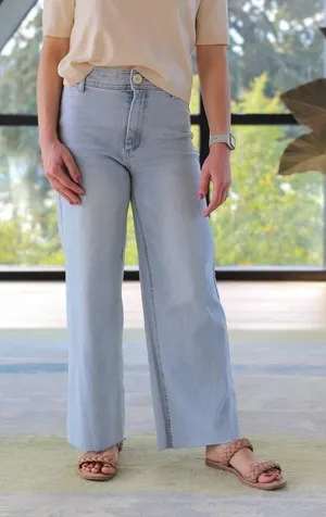 OAT NEW YORK- High Rise Wide Leg Jeans Blue Denim Powder Light Wash Raw Fray Hem thumbnail 1