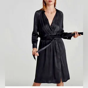 Zara NWT black v neck split hem tie belt long sleeve midi dress thumbnail 2