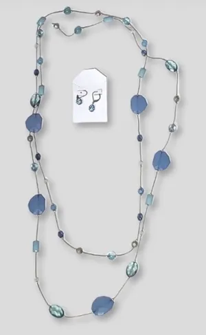 Vintage Beaded Layered Necklace and Drop Earring Set Silver Tone Blue thumbnail 1