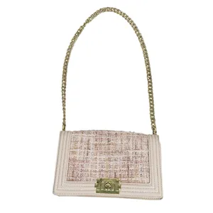 Tweed Boy Chain Shoulder Bag Purse Cream Pink Gold Preppy Old Money Coquette thumbnail 3