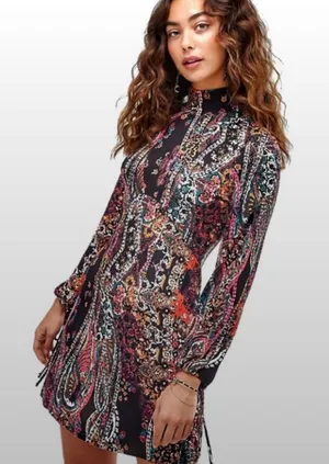 Free People All Dolled Up Open Back Long Sleeve Floral Paisley Mini Dress Size M thumbnail 1