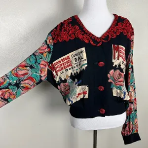 Carole Little Cardigan Jacket M Moulin Rouge Can Can Dancer Floral Rosette Artsy thumbnail 5