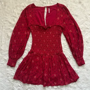 Free People Dress Two Faces Mini Ruched Bodice Long Sleeve Boho Ruby Red S thumbnail 4