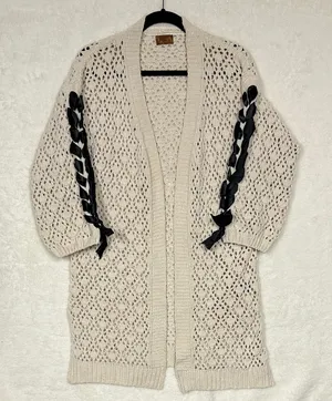 POL Cardigan Open Front Knit Cream with Black Ribbon Detail Sleeves Size Small thumbnail 1