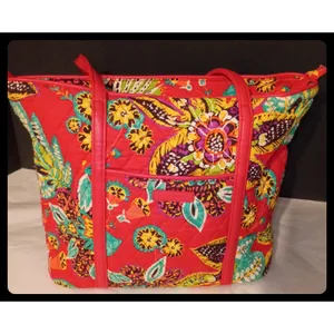 Vera Bradley Tote Bag Women Large Red Multi Floral Quilted Shoulder Handbag thumbnail 2