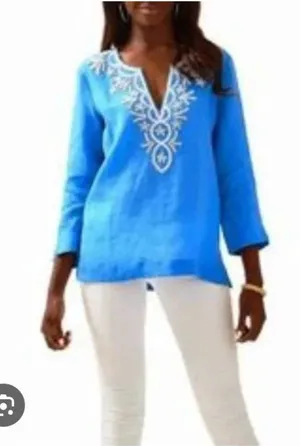 Lilly Pulitzer Amelia Island Shirt Womens Small Blue Embroidered Beaded Tunic thumbnail 1