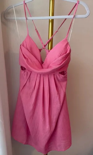 Hello Molly Draped Cowl Neck Strappy Pink Mini Dress | Textured Linen Look | Size M thumbnail 1