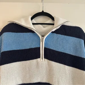 Aerie Oversized Blue & White Striped Quarter Zip Sweater thumbnail 5