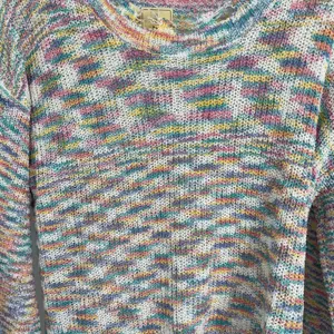 POL Rainbow Stripe Distressed Knit Sweater‎ Womens Small Lightweight Boho Fringe thumbnail 2