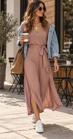 Splendid Collection Evian V-Neck Maxi Dress Dusty Rose Belted Pockets Small thumbnail 1