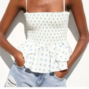 Zara polka dots linen cotton smocked top ruffle strapless stretchy tube thumbnail 8
