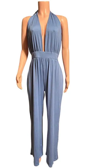 Shein blue plunge halter neck wide leg jumpsuit XL thumbnail 1