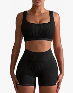 Workout Set for Women 2 Piece Ribbed Seamless High Waist Crop Top & Shorts thumbnail 1