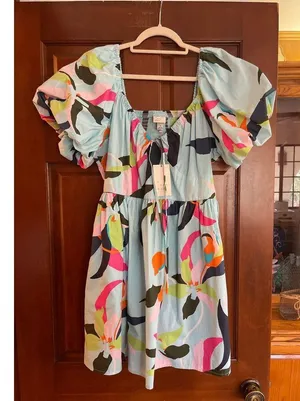 Women's Puff Short Sleeve Dress - A New Day Blue Floral Medium thumbnail 2