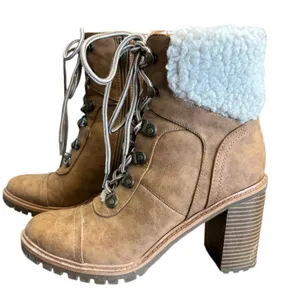Nine WestUNISE Lace Up Ankle Boots Womens Size 7 Brown Faux Shearling Block Heel thumbnail 1