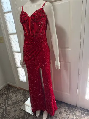 Unbranded Off shoulder Beaded Corset Slit Red Sequin Ruched Evening Gown Sz 6 A thumbnail 5