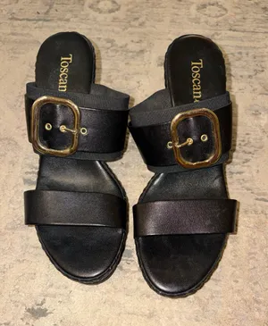 Black Slide Sandals with Gold Buckle Accent Size 8 thumbnail 1