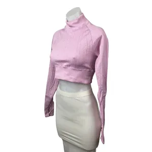 Alo Yoga Seamless Pink Cable Knit Mock Neck Long Sleeve Athletic Crop Top Sz S thumbnail 2