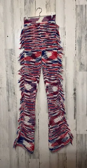 Red White Blue Crochet Flare Knit Pants Womens XS 2 Fringe Side Patriotic 4th of thumbnail 1