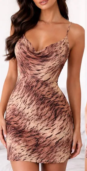 Pull&Bear Brown & Cream Animal-Print Satin Cowl Mini Dress thumbnail 1