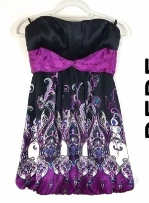 BEBE Silk Paisley Print Bubble Hem Strapless Dress‎ thumbnail 1