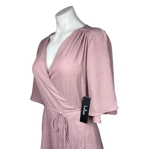 NEW Lulus Farah Pink Mauve V Neck Polka Dot Tie Flutter Sleeve Midi Wrap Dress M thumbnail 6