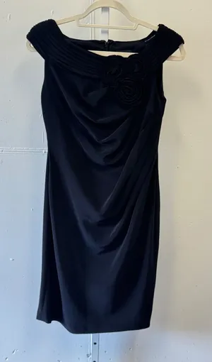 Y2K Adrianna Papell Black Rosette Ruched Off Shoulder Cocktail Sheath Dress Sz 4 thumbnail 1