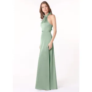 AZAZIE Womens Satin Delmar Green Halter Sleeveless Bridesmaid Maxi Dress Size 4 thumbnail 3