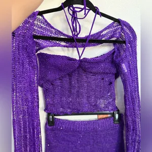 Fairy core 3PC Purple Crochet Set M Festival W Y2K Distressed Crop Top Skirt thumbnail 3