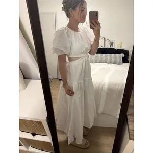 EXLBES Puff Sleeve Cut Out Back Maxi Dress White Size Small Coastal 100% Cotton thumbnail 3