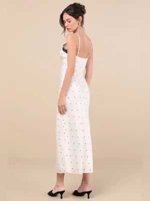 Lulus Majella Ivory Polka Dot Satin Lace Slip Midi Dress Size M thumbnail 3