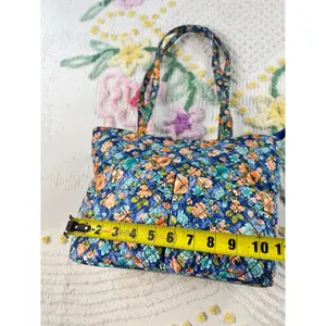 Blue‎ Floral Quilted Cotton Tote Bag Zippered Shoulder Bag with Pockets thumbnail 4