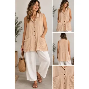 Kiko Linen Tunic Top One Size Lagenlook Oversized Button Front Artsy Boho thumbnail 2