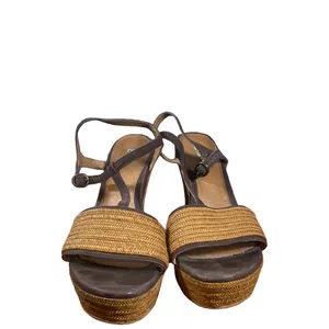 UGG Women’s Brown Leather T-Strap Woven Detail Wedge Espadrille Sandals Size 9 thumbnail 2