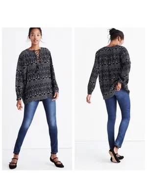 Madewell Lace Up Peasant Caravan Print Black Tassel Tie Top S thumbnail 2