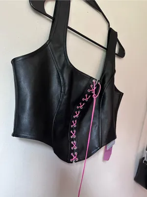 Blackmilk Black Faux Leather Corset Crop Top with Pink Lace-Up thumbnail 10