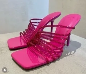 ZARA Hot Pink Rhinestone Embellished Vinyl Sequin Strappy Open Square Toe High Heels Sandals Mules thumbnail 3
