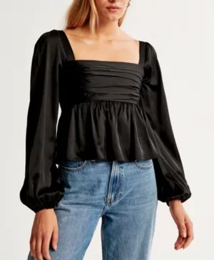 Abercrombie Emerson Blouse Satin Smocked Black thumbnail 1