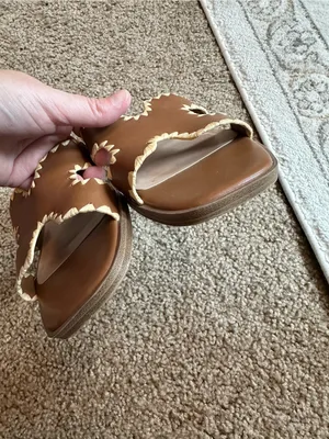 a new day Brown Leather Slip-On Mules with Cream Scalloped Trim thumbnail 2