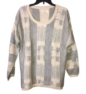 Chelsea‎ & Violet Metallic Wool Blend Abstract Striped Sweater Tan Grey Large thumbnail 1