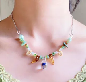 Handmade unique fairy nature boho vintage style quality Czech glass beads mix mushroom pendant necklace💚🍄🐞 thumbnail 1
