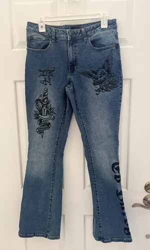 Ed Hardy Blue Graphic Embroidered Bootcut Jeans thumbnail 1