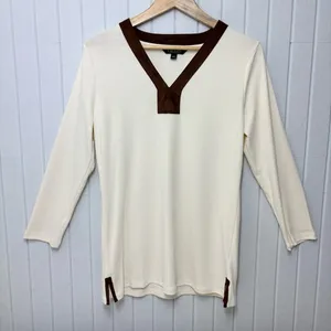 Ralph Lauren V neck Cream and Brown Cotton Long‎ Sleeve Top Size L thumbnail 3