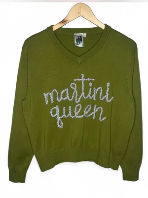 Queen of Sparkles Olive Martini Queen V Neck Sequin Elbow Patches Sweater thumbnail 2
