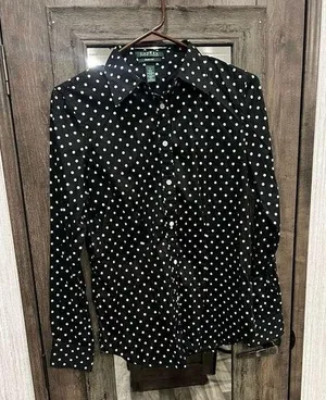 Ralph Lauren Polka Dot Long‎ Sleeve Button Front Shirt BLACK Size 4 thumbnail 1